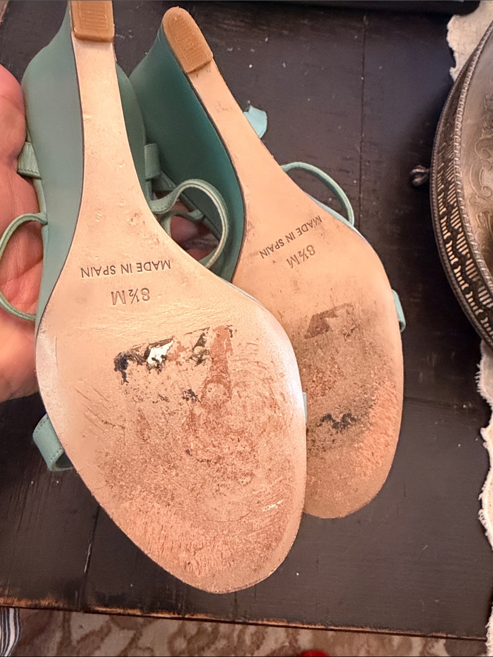 Badgley Mischka Sage Green Leather T-Strap Wedge Sandals with Cream Accent - Picture 7 of 10